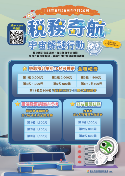 稅捐稽徵處舉辦「稅務奇航：宇宙解謎行動」租稅知識遊戲活 動，檢附活動DM電子檔(如附件)
